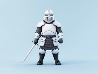 Fototapeta premium Cartoon knight in shiny armor holding a sword against a light blue background