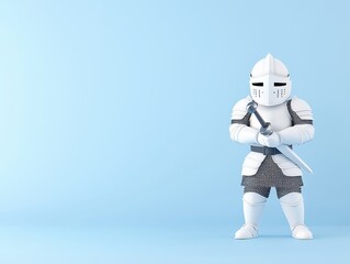 Fototapeta premium Cartoon knight in armor standing confidently on a light blue background, ready for adventure