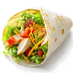 A wrap filled with lettuce, tomatoes, and chicken