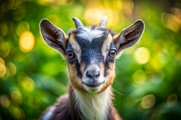 Naklejka premium Adorable African Pygmy Goat Kid with Bokeh Background - Farm Animal Portrait