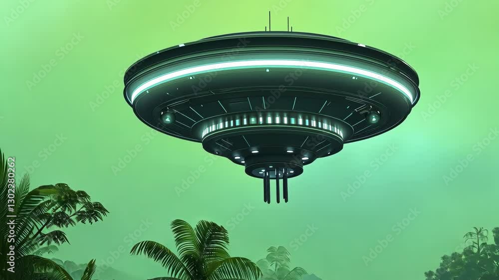Poster futuristic ufo spaceship hovering over tropical palm trees and jungle in green sky, emitting mysteri