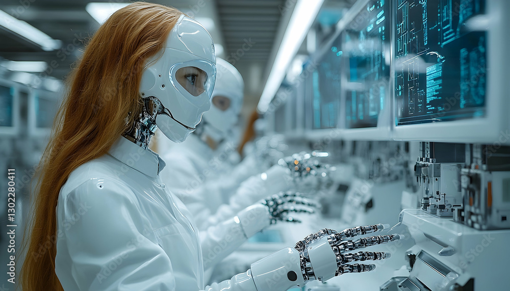 Poster robots working in a futuristic lab