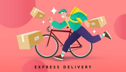 Vector of man riding bicycle with shopping bags and floating parcels. Represents express delivery, local shopping, and eco-friendly transport service.