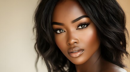 Naklejka premium beautiful African woman with clear skin,beige background cosmetic