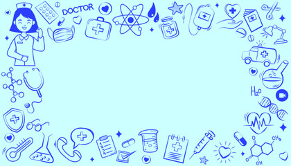 A medical and healthcare doodle frame. A hand-drawn background template with science and hospital icons for a doctor's presentation, a clinic flyer, or a pharmacy announcement.