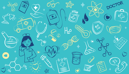 Seamless doodle pattern of medical and nursing equipment, featuring stethoscope, syringe, pills, ambulance, nurse, and healthcare symbols. Ideal for backgrounds, wallpapers, and medical-themed designs