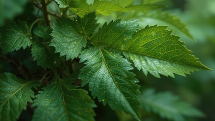 Close-Up of Fresh Green Leaves with Dew in a Lush Forest Setting During Daylight Hours