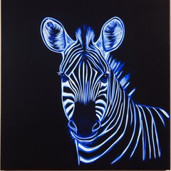 Minimalist zebra silhouette with bright neon blue and white lines on a black canvas 