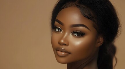 Naklejka premium beautiful African woman with clear skin,beige background cosmetic