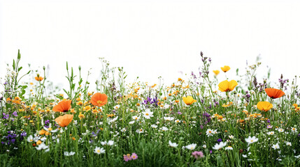 Obraz premium A vibrant meadow of colorful wildflowers and lush grass, ideal for designs related to nature, gardens, tranquility, and seasonal celebrations.