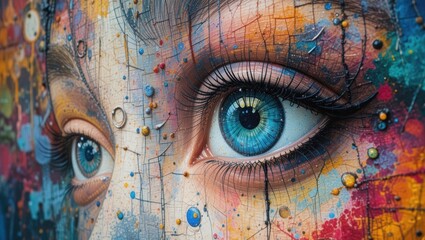 Close-Up of Intricate and Colorful Mural Featuring Expressive Blue Eyes with Vibrant Detail