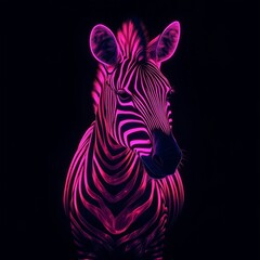 Neon-lined zebra silhouette with glowing pink accents on a pitch-black background 