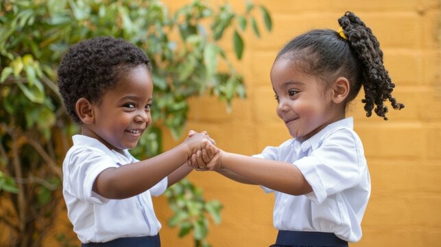 Two children performing their very first fist bump on the first day of school