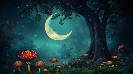 Enchanted Forest at Night: Digital Painting of Mushrooms and Crescent Moon AI Generated