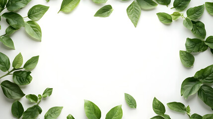 Simple white border frame with a touch of soft green leaves, on white background