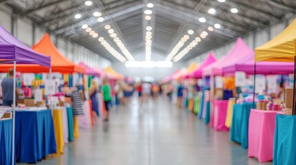 A vibrant indoor market scene with colorful tents, showcasing various stalls in a spacious, well-lit environment.