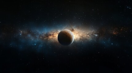 Pluto floating in space with a glowing galaxy background.