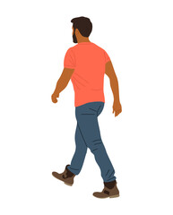 Young man walking Back View. Cartoon Male Character Wearing casual summer street fashion outfit Rear View vector realistic illustration Isolated