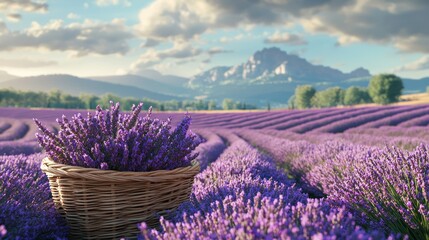 A fresh lavender bunch in a wicker basket in a sunny Provence lavender field.