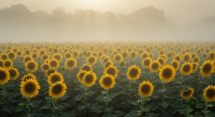 Obraz premium Sunflowers in Misty Field at Sunrise Creating Dreamy Country Landscape