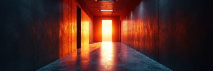 Long, dimly lit corridor leading to a sunlit landing, ceiling, vacant