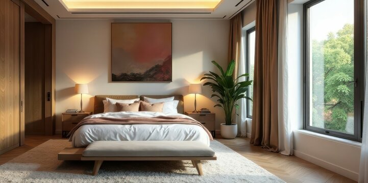Luxury contemporary bedroom suite, plush bedding, sleep, style, serene