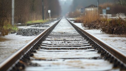 Fototapeta premium Flooded Railway Tracks: A Stark Reminder of Nature's Power
