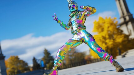 Futuristic Dancer in Colorful Metallic Outfit Performing Outdoor Dance