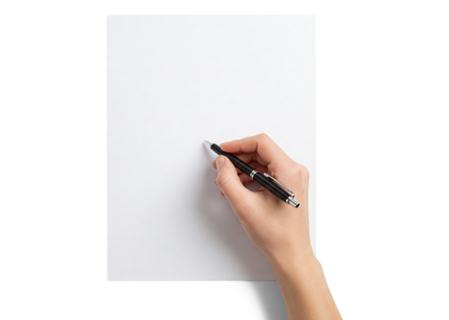 hand holding a pen ready to write on a blank paper