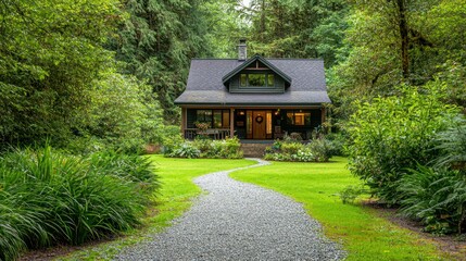 A cozy countryside house surrounded by lush green trees and a gravel path leading to the door.