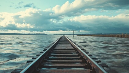 Submerged Rails Leading to Horizon, Watery Landscape