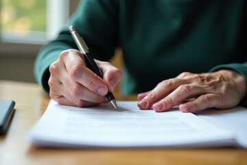 Senior's hands signing document, tax forms visible, office, pen