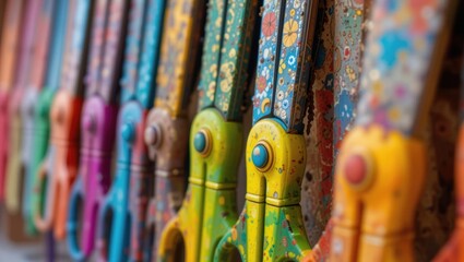 Colorful Vintage Scissors Arranged in a Row with Intricate Patterns and Textures on a Wall
