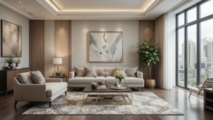 Modern Living Room Interior Design with Large Windows and Elegant Decor in an Urban Setting