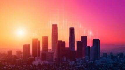 Fototapeta premium A vibrant sunset over a city skyline, featuring tall buildings against a gradient sky of purple, orange, and pink hues.