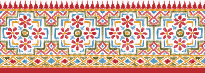 ethnic seamless pattern floral border design. paisley seamless flower border. watercolor flower art for saree border. botanical flower vector illustration.