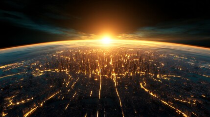 Golden Sunrise Over a Cityscape at Night