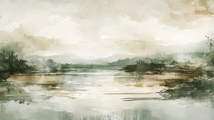  Clean and Minimalist Watercolor Landscape with Soft Strokes of Light Greens and Neutral Earth Tones, Evoking Expansive, Calming Atmosphere