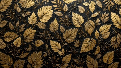 Intricate Golden Leaf Pattern on a Black Background Creating an Elegant Ornamental Design