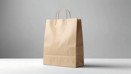 Blank Brown Paper Shopping Bag with Rope Handles on Plain Background