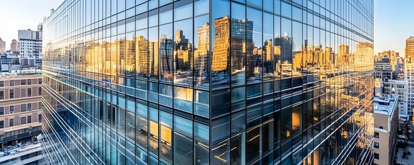Modern building reflects cityscape with a golden light