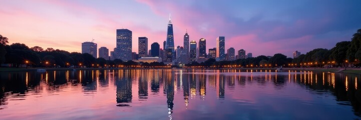 Naklejka premium L A skyline reflected in Echo Park Lake's calm waters, night, city
