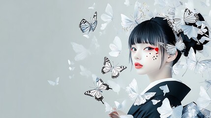 Elegant Geisha with White Butterflies: A Digital Painting AI Generated