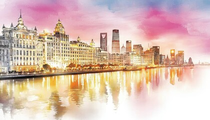 Obraz premium A vibrant watercolor depiction of a skyline featuring modern and historic architecture reflected in calm waters during sunset.