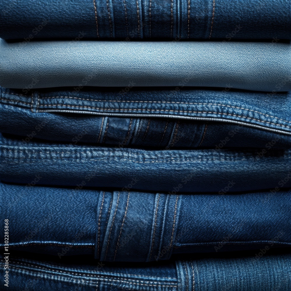 Poster 3d render of multiple jeans in different lengths stacked neatly