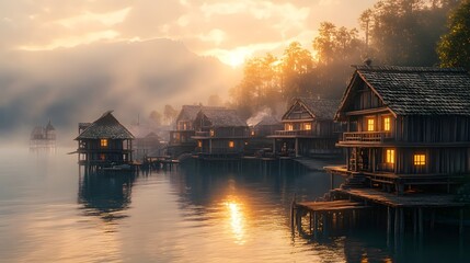 Fototapeta premium Stilt houses built along a calm waterfront at sunset or sunrise