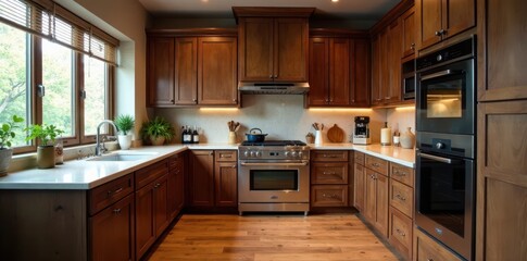 Rich dark wood cabinetry, ample kitchen storage, design, oak