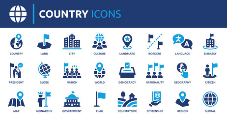 Country icon set. Containing flag, nation, citizen, land, world, government, landmark, borders and more. Solid vector icons collection.