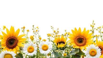 Sunflower and wild daisy floral border with rustic charm, on white background