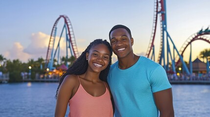 Happy Couple Enjoying Time Together in Amusement Park at Sunset